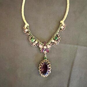 Vintage Purple & Green Rhinestone Goldtone Necklace